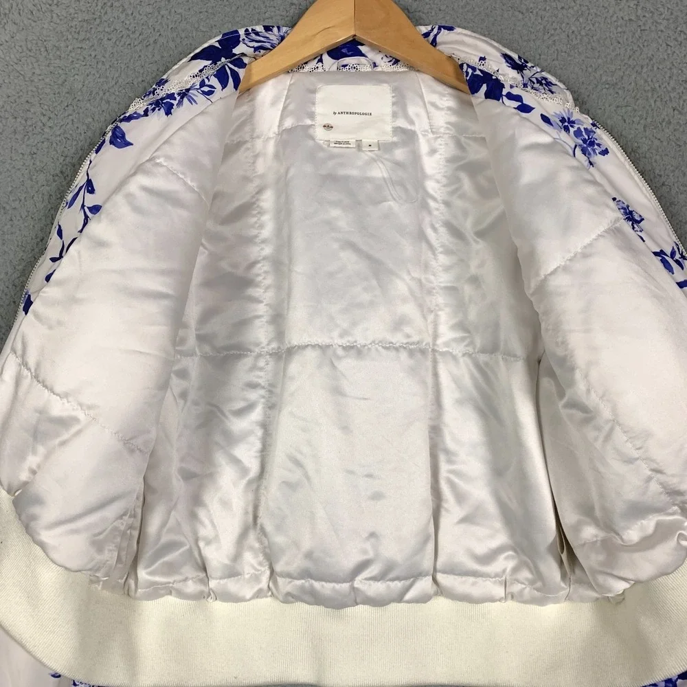 Anthropologie Bomber Jacket Women's Medium M Blue/White Cropped Floral Insulated - Picture 4 of 11